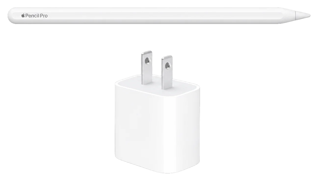 Apple Pencil Pro y adaptador de corriente USB-C para iPhone