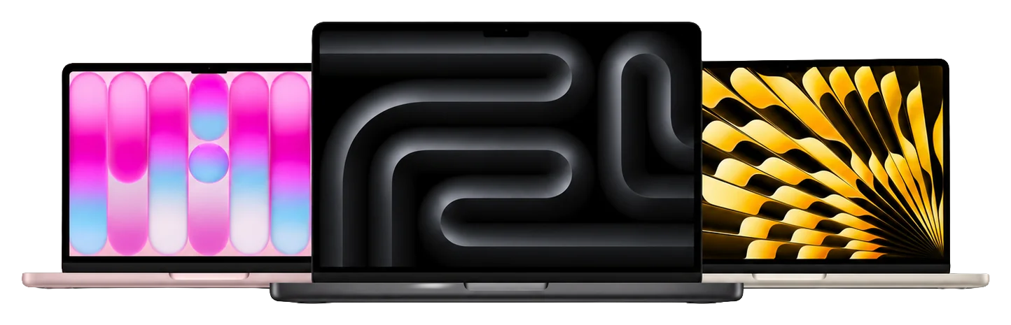 MacBook Neo, MacBook Pro y MacBook Air de frente con la pantalla abierta